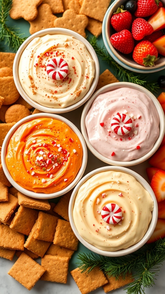 A variety of Christmas dessert dips with dippers on a festive table.